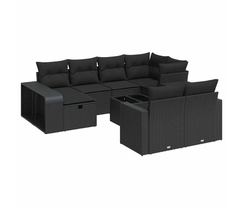 Set de sofás de jardín 11 pzas y cojines ratán sintético negro