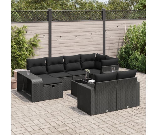 Set de sofás de jardín 11 pzas y cojines ratán sintético negro