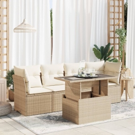 Juego de sofás jardín con cojines 5 pzas ratán sintético beige