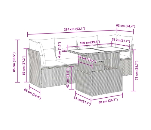 Set comedor de jardín 5 piezas y cojines ratán sintético marrón