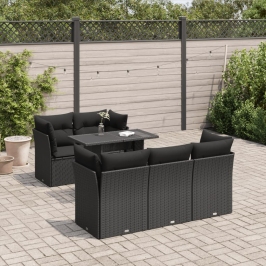 Set de sofás de jardín 6 piezas y cojines ratán sintético negro