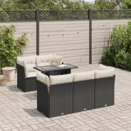 Set de sofás de jardín 6 piezas y cojines ratán sintético negro