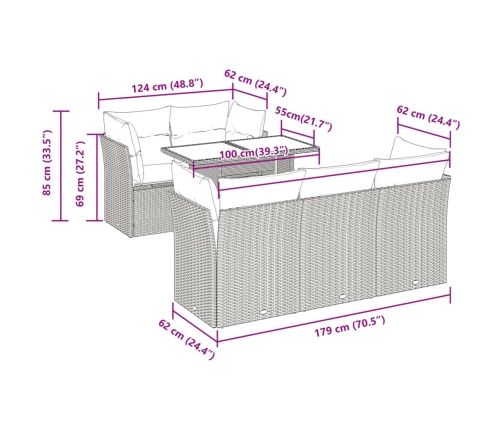 Set de muebles de jardín 6 pzas y cojines ratán sintético gris