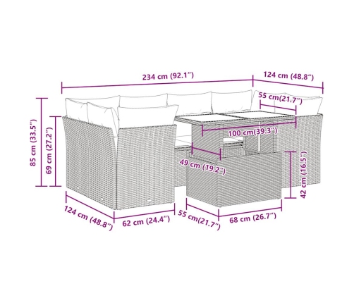 Set sofás de jardín 7 piezas y cojines ratán sintético beige