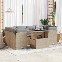 Set sofás de jardín 7 piezas y cojines ratán sintético beige