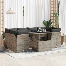 Set de sofás de jardín 7 pzas con cojines ratán sintético gris