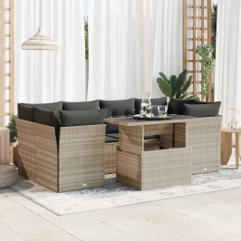 Set de sofás de jardín 7 pzas con cojines ratán PE gris claro