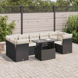 Set de sofás de jardín y cojines 8 piezas ratán sintético negro