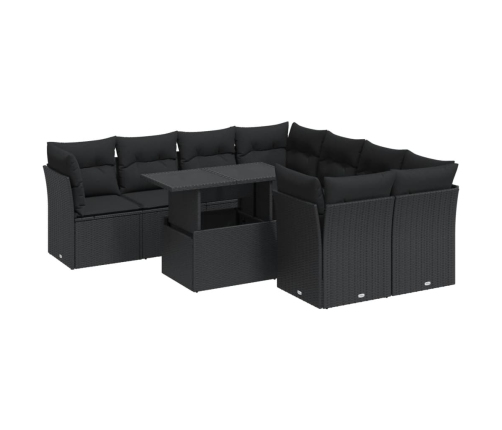 Set de sofás de jardín con cojines 9 pzas ratán sintético negro