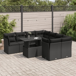Set de sofás de jardín con cojines 9 pzas ratán sintético negro