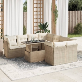 Set de sofás de jardín con cojines 9 pzas ratán sintético beige
