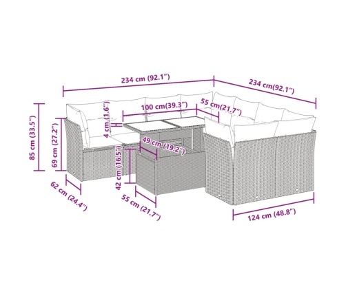 Set de sofás de jardín con cojines 9 pzas ratán sintético beige