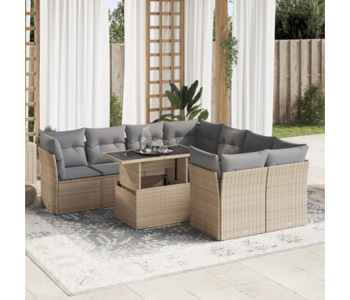 Set de sofás de jardín con cojines 9 pzas ratán sintético beige