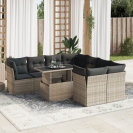 Set de sofás de jardín con cojines 9 pzas ratán sintético gris