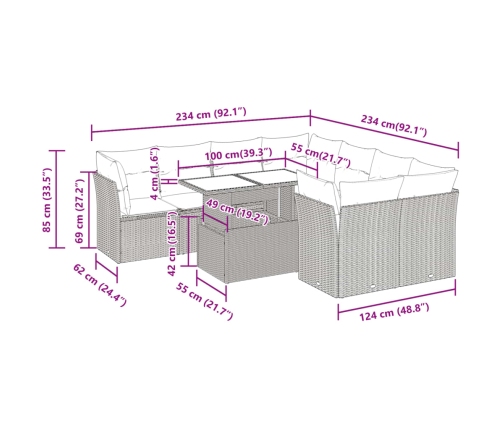 Set muebles jardín 9 pzas y cojines ratán sintético gris claro