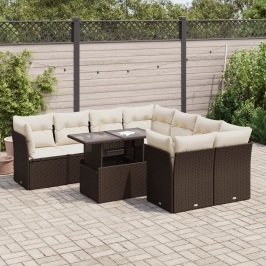 Set de sofás de jardín 9 pzas y cojines ratán sintético marrón