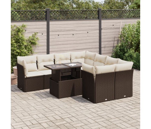 Set de sofás de jardín 9 pzas y cojines ratán sintético marrón