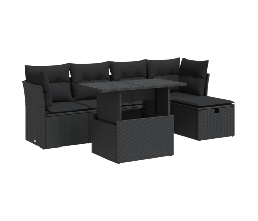 Set de sofás de jardín 6 piezas y cojines ratán sintético negro