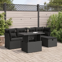 Set de sofás de jardín 6 piezas y cojines ratán sintético negro