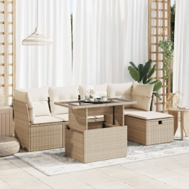 Juego de sofás jardín con cojines 6 pzas ratán sintético beige
