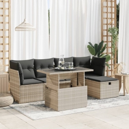 Set de sofás de jardín 6 pzas y cojines ratán sintético gris