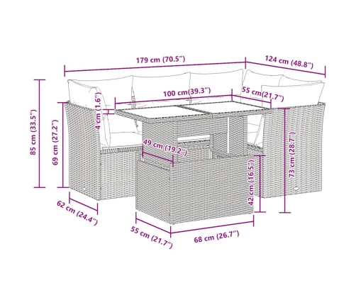 Set de muebles de jardín 5 pzas y cojines ratán sintético negro