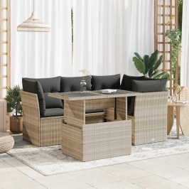 Set de sofás jardín y cojines 5 pzas ratán sintético gris claro