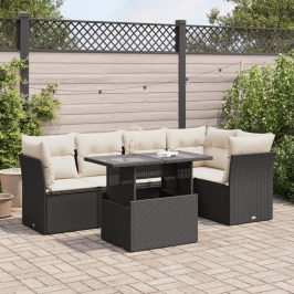 Set de sofás de jardín 6 piezas y cojines ratán sintético negro