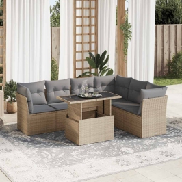 Set sofás de jardín 7 piezas y cojines ratán sintético beige