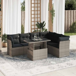 Set de sofás de jardín 7 pzas con cojines ratán sintético gris
