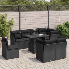 Set de sofás de jardín con cojines 9 pzas ratán sintético negro