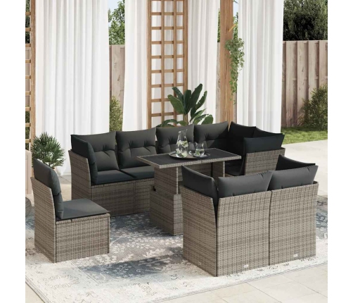 Set de sofás de jardín con cojines 9 pzas ratán sintético gris