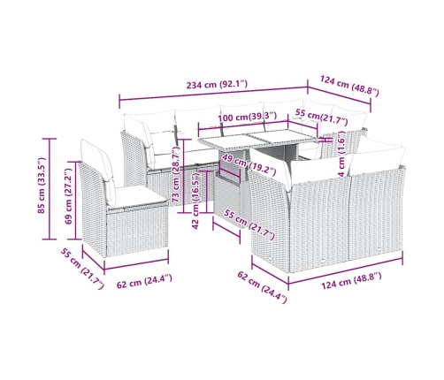 Set muebles jardín 9 pzas y cojines ratán sintético gris claro