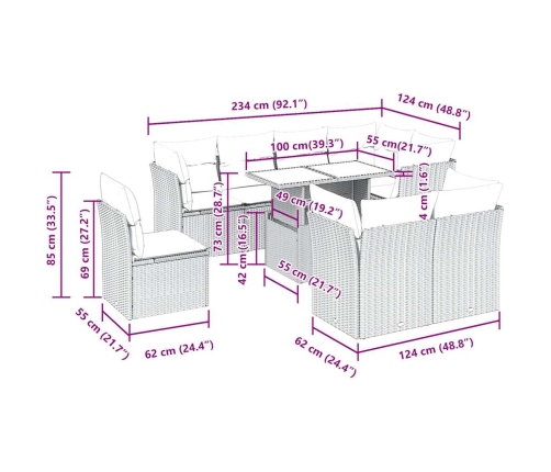 Set de sofás de jardín 9 pzas y cojines ratán sintético marrón