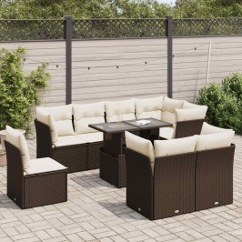Set de sofás de jardín 9 pzas y cojines ratán sintético marrón
