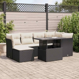 Set de sofás de jardín 7 pzas con cojines ratán sintético negro
