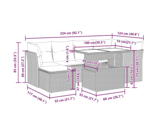 Set sofás de jardín 7 piezas y cojines ratán sintético beige