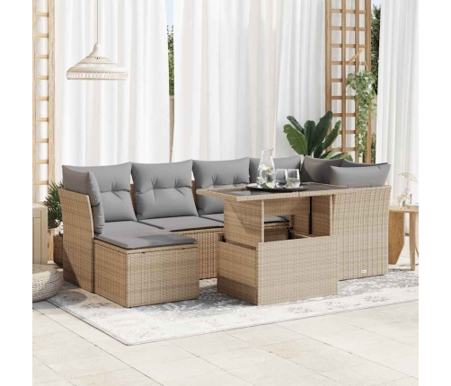Set sofás de jardín 7 piezas y cojines ratán sintético beige