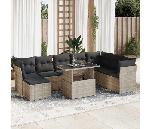 Set muebles jardín 9 pzas y cojines ratán sintético gris claro