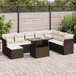 Set de sofás de jardín 9 pzas y cojines ratán sintético marrón