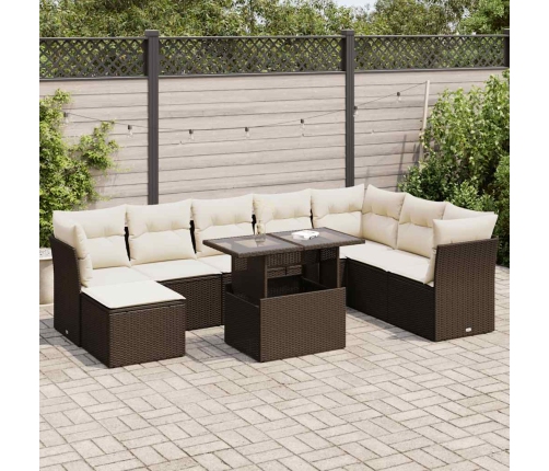 Set de sofás de jardín 9 pzas y cojines ratán sintético marrón