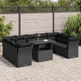 Set de sofás de jardín y cojines 10 pzas ratán sintético negro