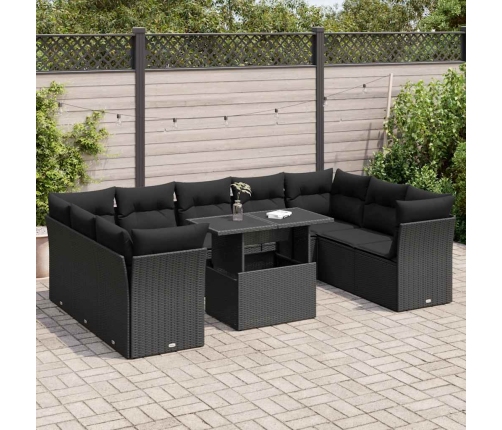 Set de sofás de jardín y cojines 10 pzas ratán sintético negro