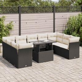 Set de sofás de jardín y cojines 10 pzas ratán sintético negro