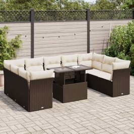 Set de sofás de jardín 10 pzas y cojines ratán sintético marrón