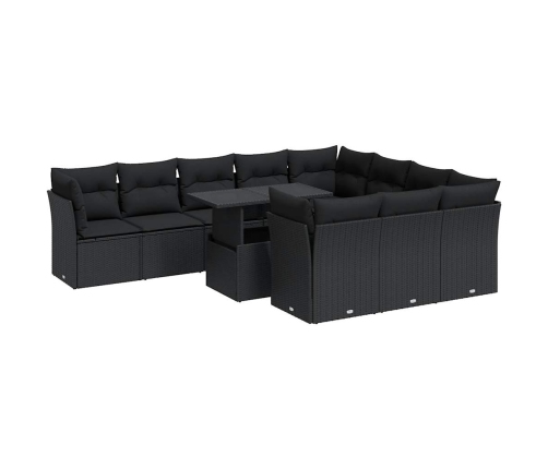 Set de sofás de jardín 11 pzas y cojines ratán sintético negro