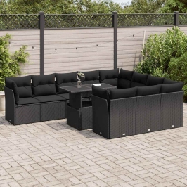 Set de sofás de jardín 11 pzas y cojines ratán sintético negro