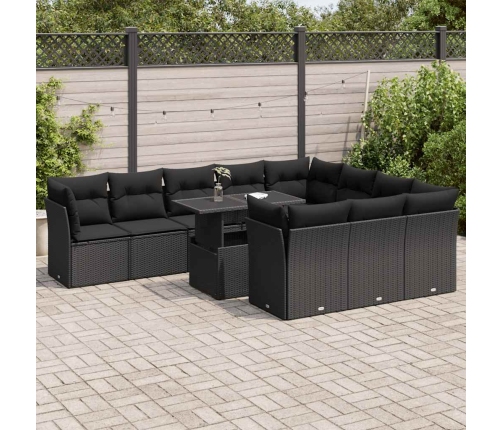 Set de sofás de jardín 11 pzas y cojines ratán sintético negro