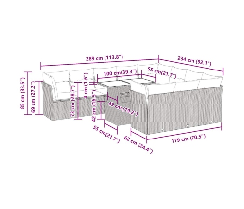 Set de sofás de jardín 11pzas con cojines ratán sintético beige