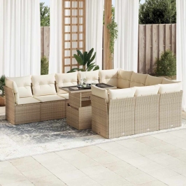 Set de sofás de jardín 11pzas con cojines ratán sintético beige